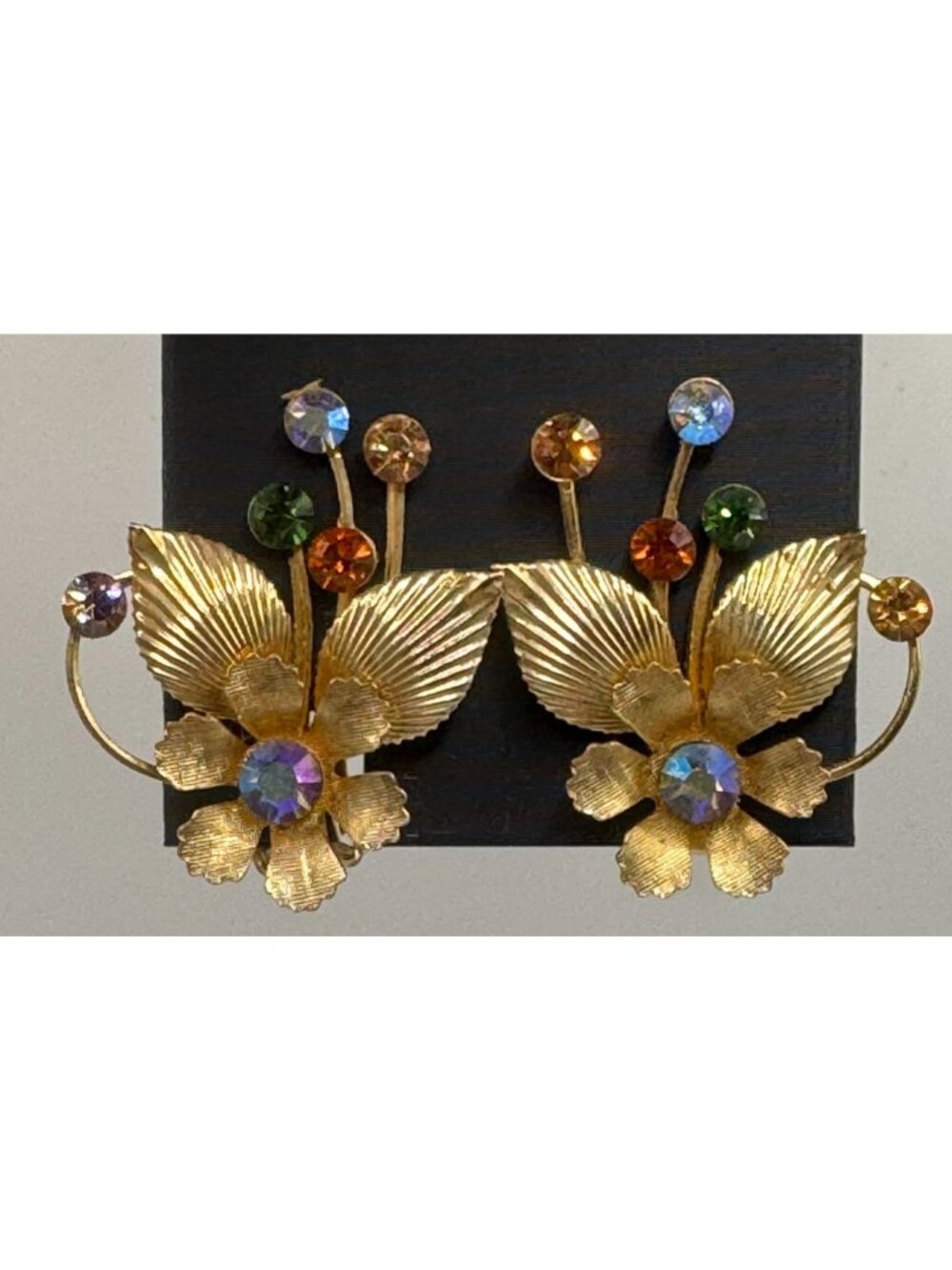 Vintage CORO Signed Floral Clip On Earrings Gold Tone AB Rhinestone Multi Color